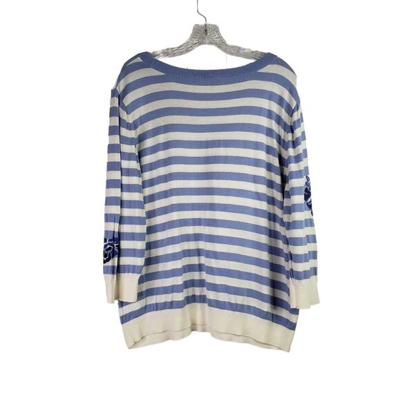 Talbots Sweater Women's Plus Size 2X Blue Floral Striped LS Pullover Cotton - Picture 3 of 7